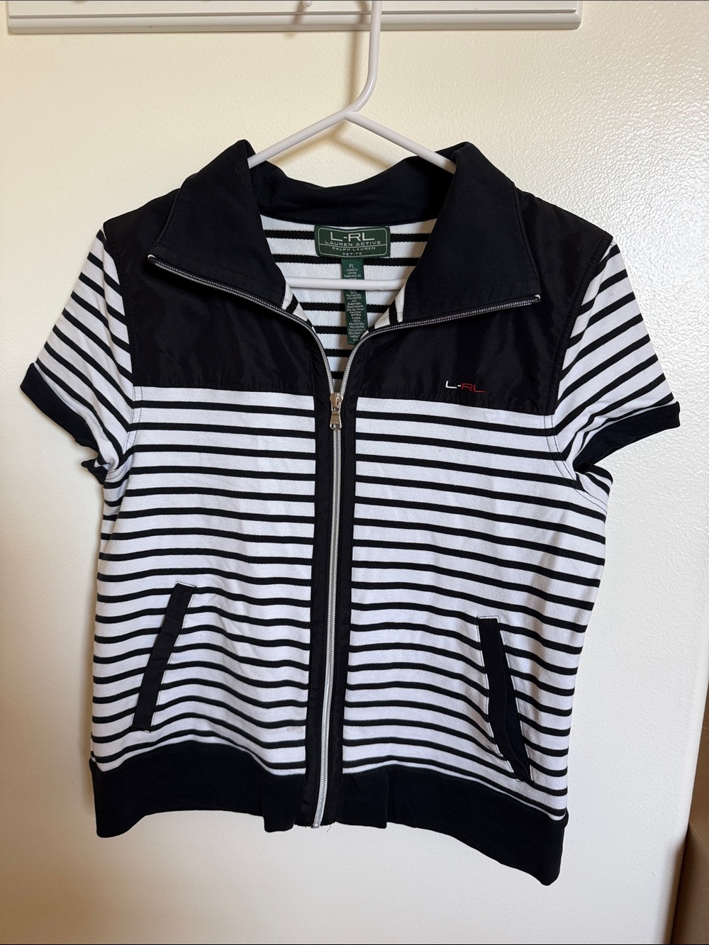 Lauren Ralph Lauren Black and White Striped Short Sleeve Zip Front Top